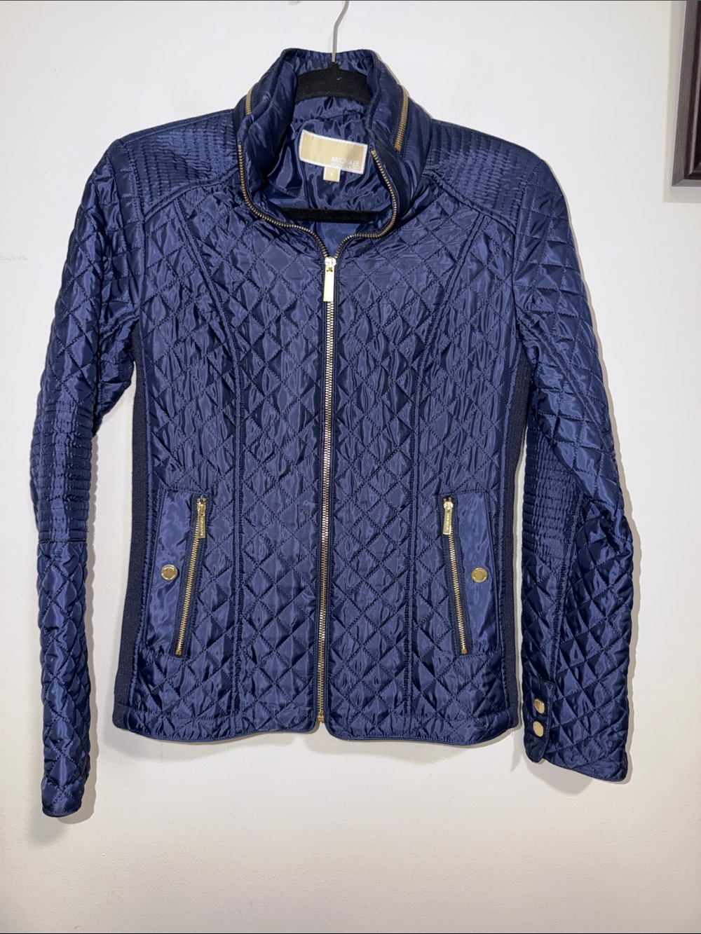 Michael Kors Quilted Navy Zip-Front Jacket with Gold Hardware